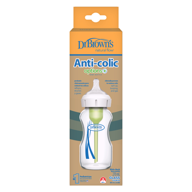 DR BROWNS -  Natural Flow Options+ Anti-Colic Γυάλινο Μπιμπερό Κατά των Κολικών με Φαρδύ Λαιμό για 0m+ 270ml