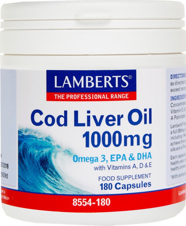 LAMBERTS - Cod Liver Oil 1000mg Μουρουνέλαιο, Ωμέγα 3 180 Caps
