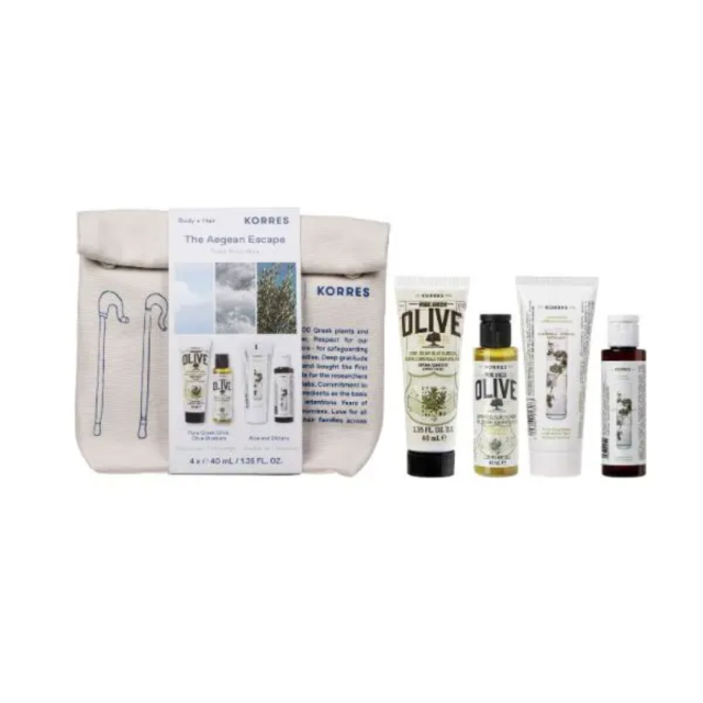 KORRES - The Aegean Escape Travel Essentials - Olive Blossom Shower Gel 40ml & Body Cream 40ml + Aloe and Dittany Shampoo 40ml & Conditioner 40ml