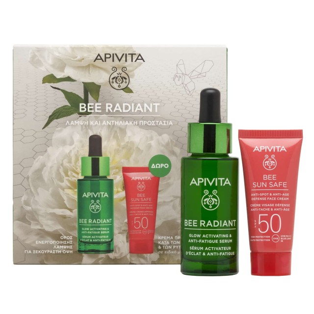 APIVITA - Promo Bee Radiant Serum Ορός Ενεργοποίησης Λάμψης για Ξεκούραστη Όψη 30ml & Bee Sun Safe Αντηλιακή Κρέμα Προσώπου SPF50 Κατά των Πανάδων & των Ρυτίδων 15ml