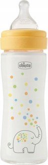 CHICCO - Perfect Easy Γυάλινο Μπιμπερό Κατά των Κολικών με Θηλή Σιλικόνης για 0+ μηνών Ελεφαντάκι 240ml